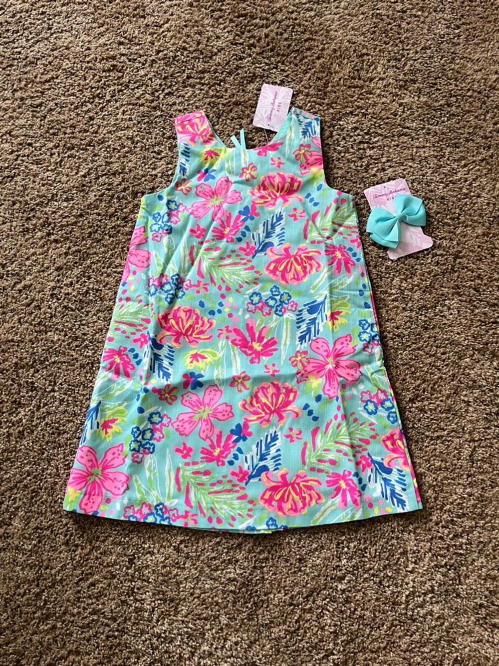 Tommy Bahama Girls Floral A-Line Dress - Aqua, Pink, Green